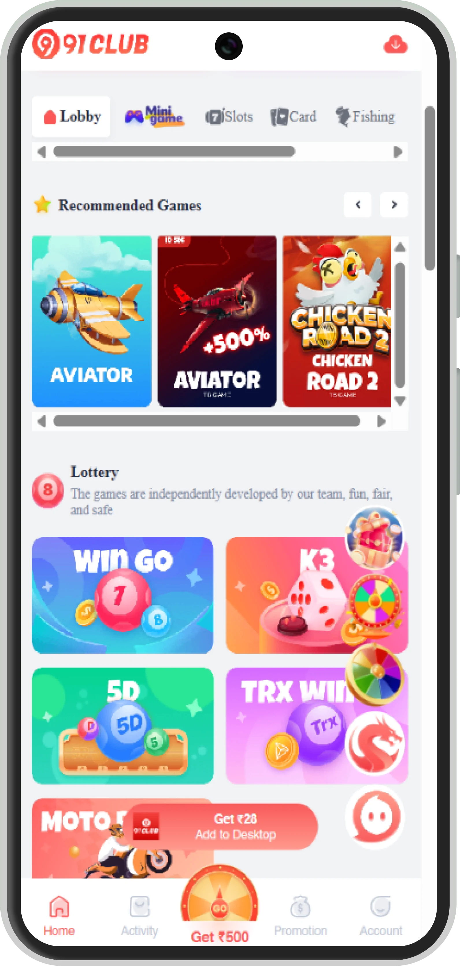 Open the 91 Club app on your device